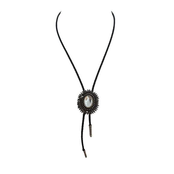 Unisex Vintage 1960s-80s Bolo Tie Western‎ Leather Oval Stone Statement - Picture 1 of 4